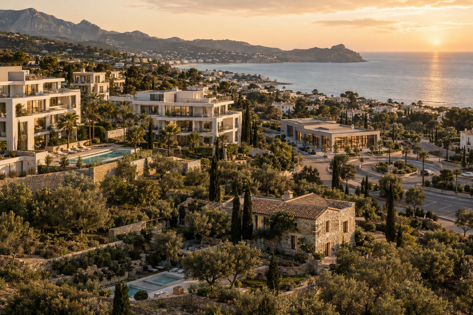 Mediterrane kustregio met verschillende vastgoedtypen